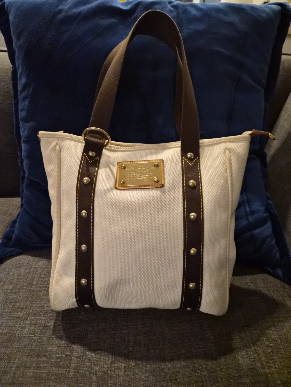 Louis Vuitton Antigua Cabas PM Tote Bag Canvas Studded Brown Cream Small